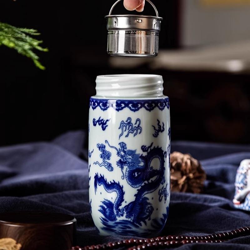 景德镇陶瓷茶杯龙纹大容量保温杯随手杯能量杯带盖白瓷便携户外杯