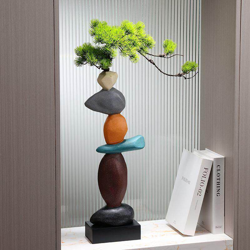 艺术石来运转花瓶摆件新中式客厅玄关造景迎客松假花插花器
