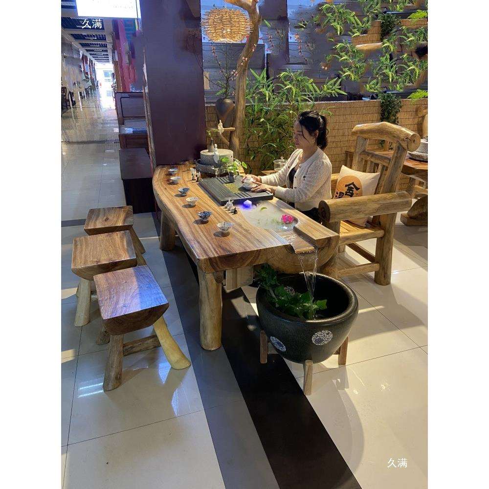 香樟木流水茶桌茶台整棵实木桌面厚重自然边套装原木根雕茶几办公