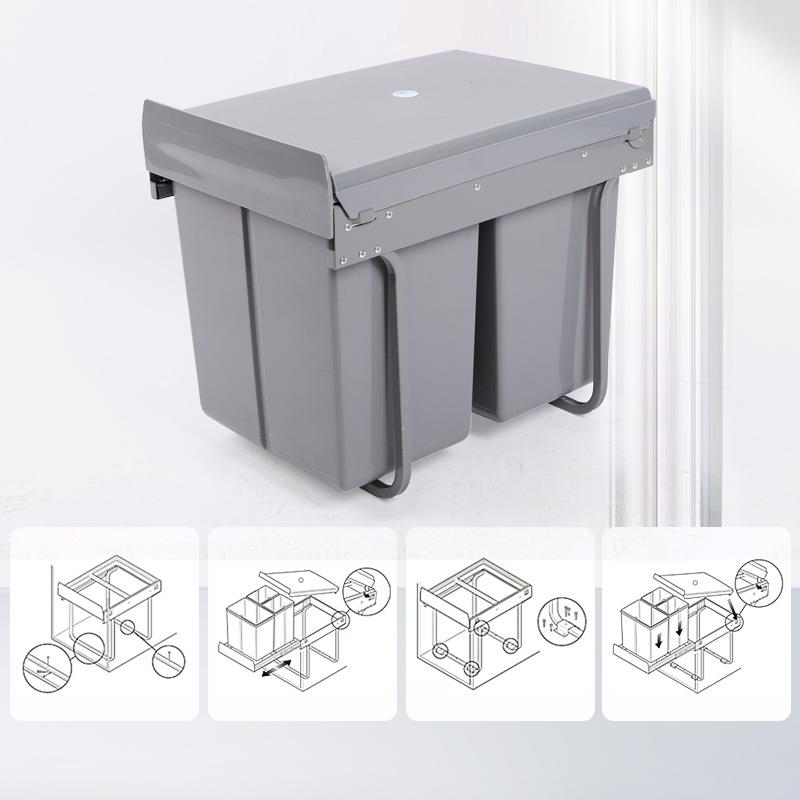 厨房分类垃圾桶400柜体铁架20L+2*10L嵌入式三桶塑料阻尼缓冲轨道