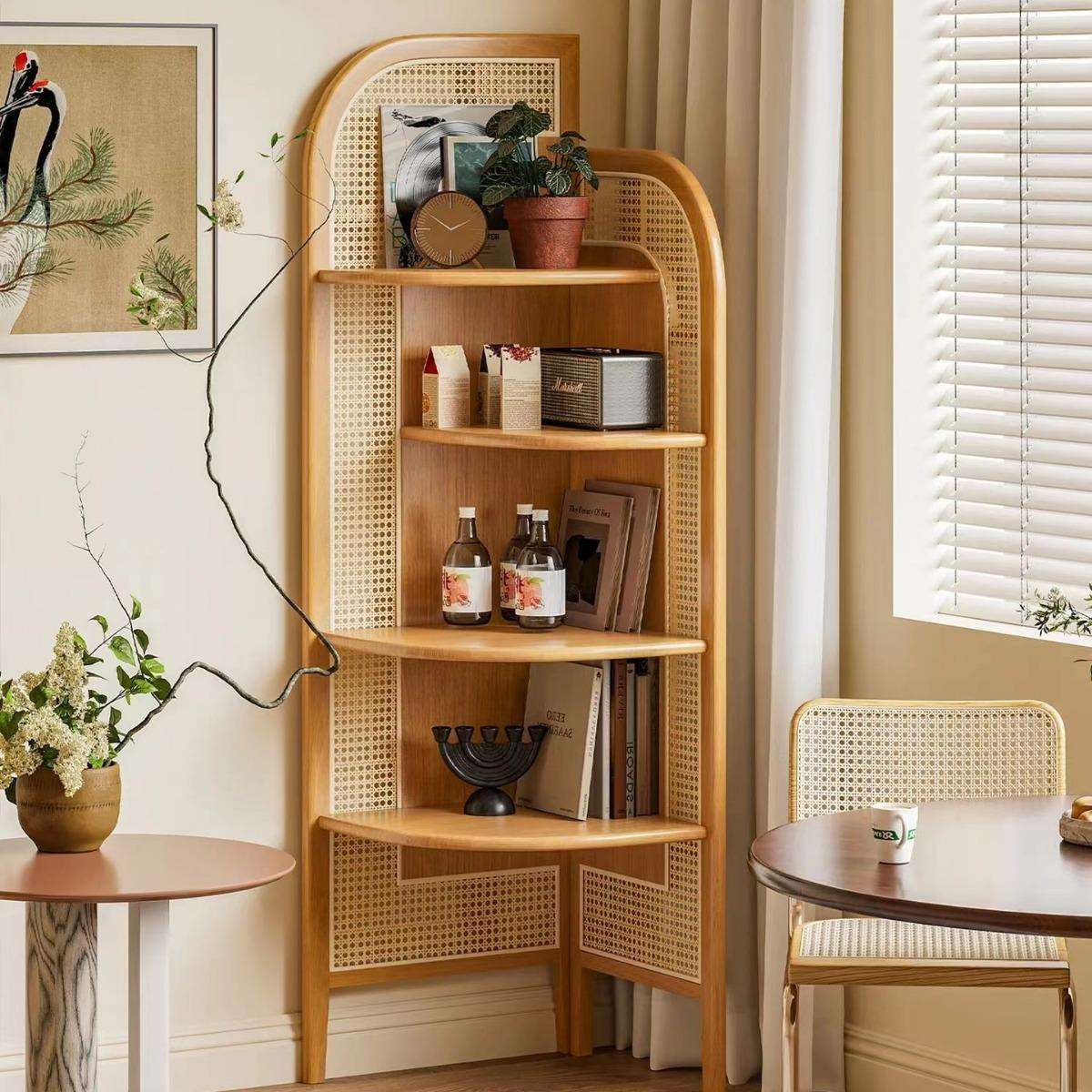 日式云奈角柜小户型落地书架复古藤编三角柜可移动角落架置物架客