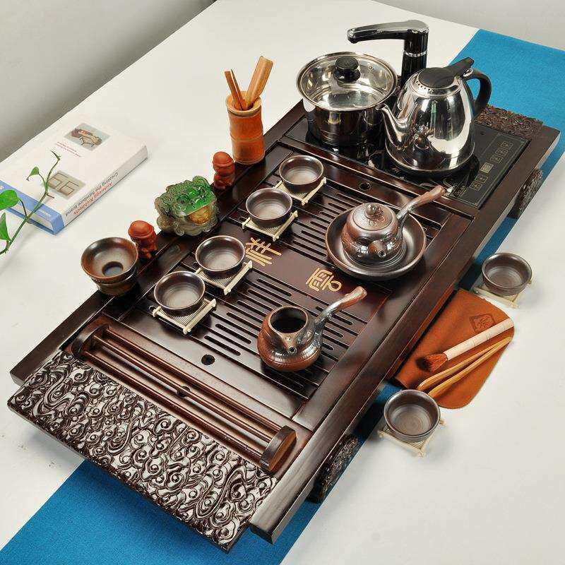 琦轩源 家用茶具套装祥云大茶盘电磁炉四合一排水实木茶盘茶台