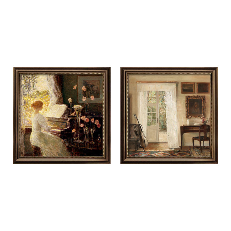 美式餐厅装饰画复古油画钢琴房背景墙挂画欧式卧室床头壁画高级感