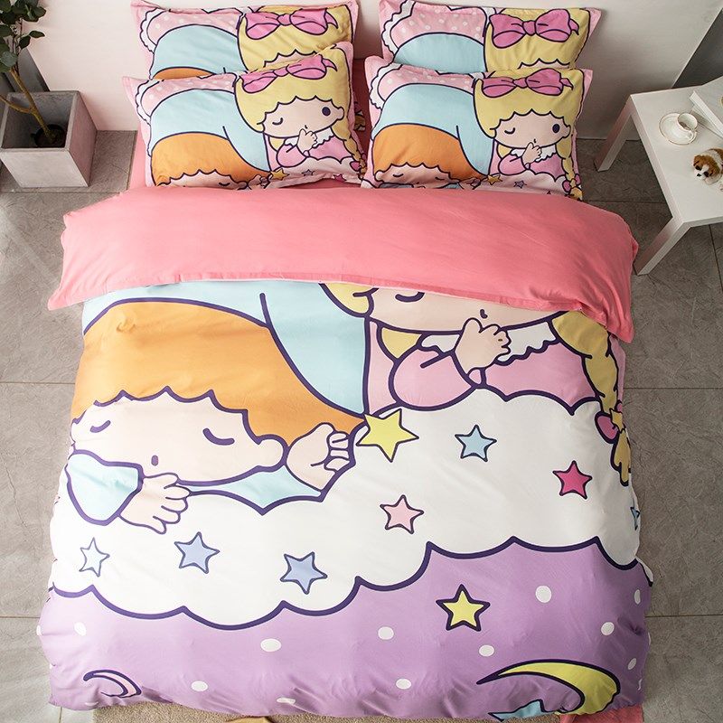卡通粉色双子星床笠少女四件套1.5儿童学生宿舍床上用品床单3件套
