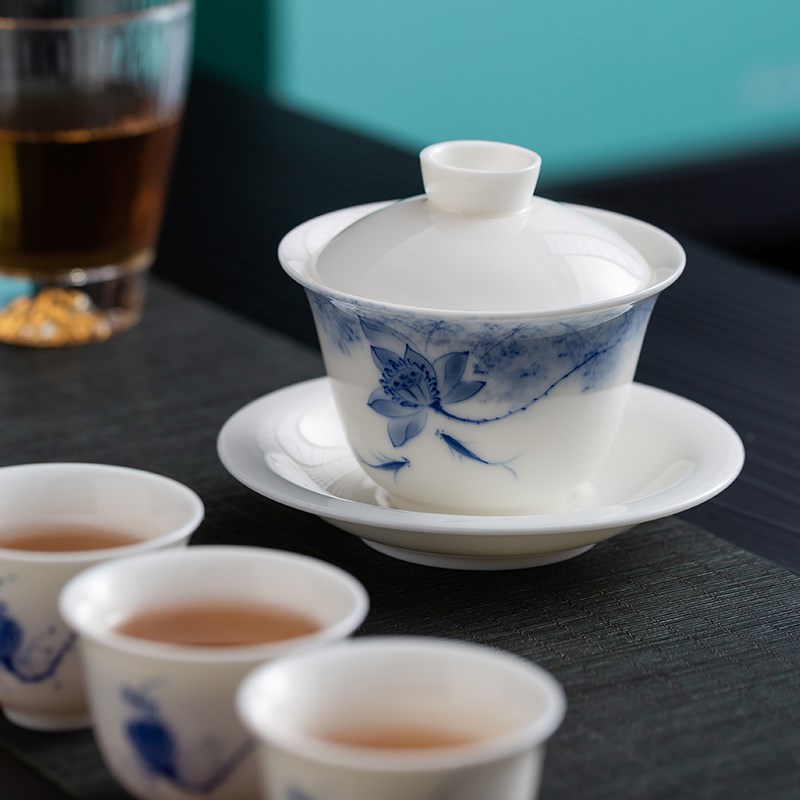 天福彼物青花手绘青莲盖碗组陶瓷茶具套装新款家用功夫茶具礼盒装