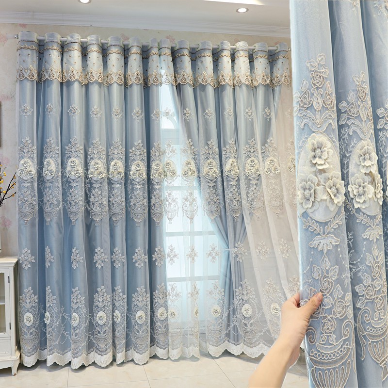 欧式简约双层窗帘粉色布纱一体成品奢华大气客厅卧室浮雕绣花窗帘