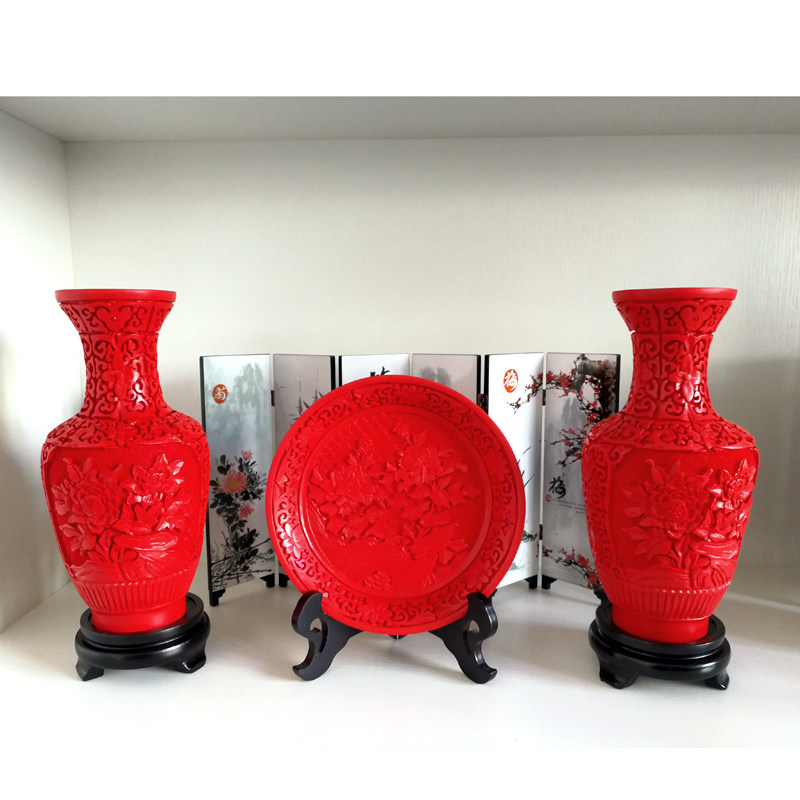 扬州中式漆器雕漆花瓶 剔红工艺10寸摆件 搬家开业送礼佳品