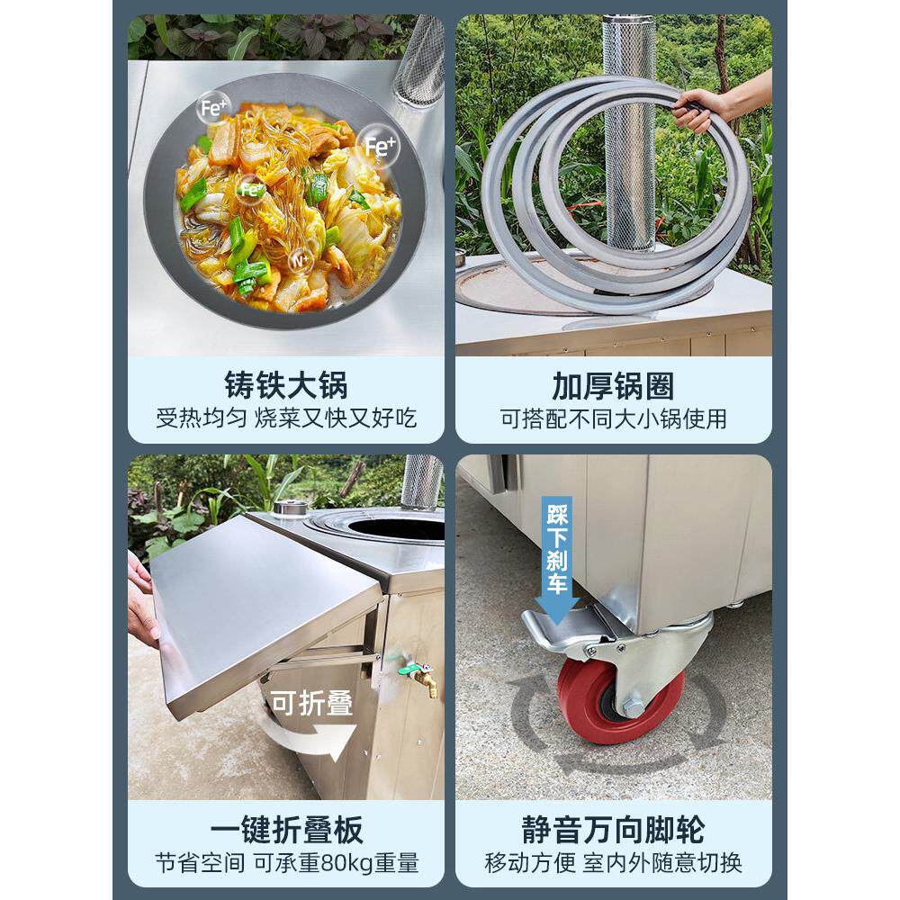 移动不锈双锅炉火灶家用烧木柴柴农村室内柴火灶户外带锅圈ISE炉
