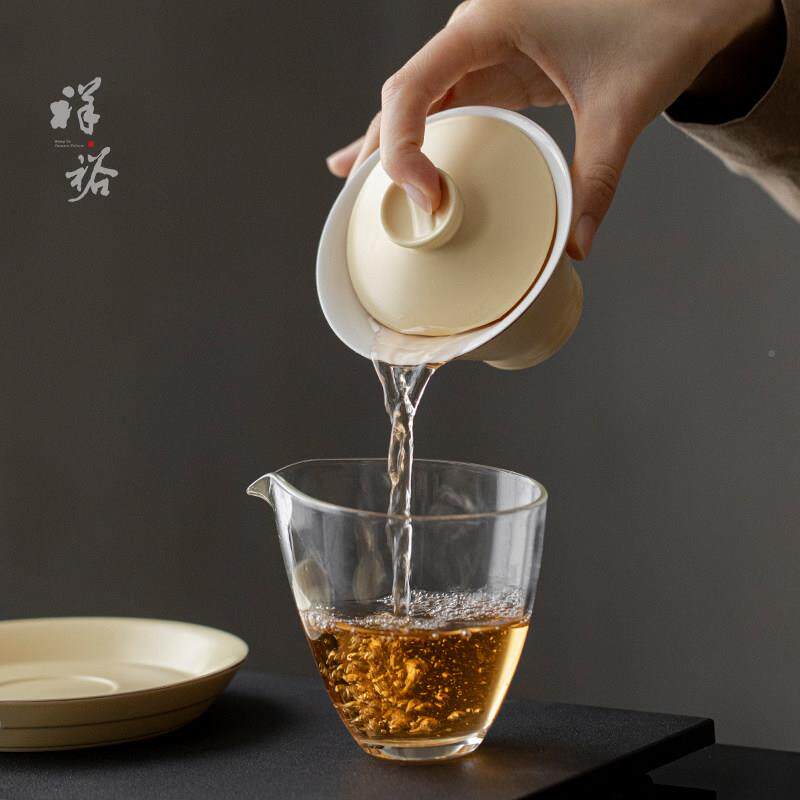 祥裕功现代简约奶油黄碗盖整套夫组茶具套家用礼品送朋友同事ESP