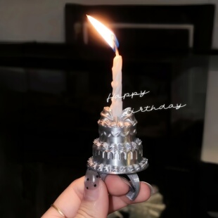 银色ins风蛋糕蜡烛戒指生日装饰戒指3d打印拍照出片神器小众首饰