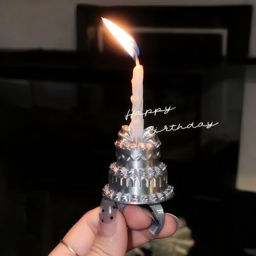 银色ins风蛋糕蜡烛戒指生日装饰戒指3d打印拍照出片神器小众首饰