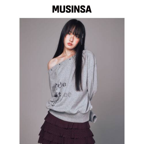 YOUHEE 卫衣灰色露肩印花宽松韩系甜美MUSINSA韩国官网直邮进口