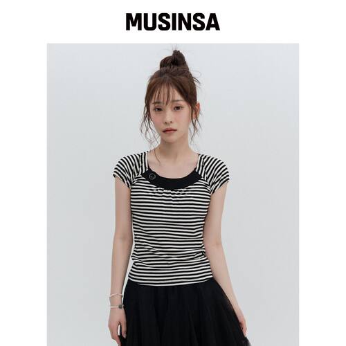 HIGH SCHOOL DISCO BURTON 领扣条纹短袖 MUSINS韩国官网直邮进口