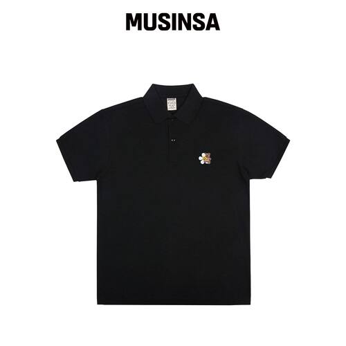 GRAVER [UNISEX]花卉熊刺绣短袖Polo衫_黑色 MUS韩国官网直邮进口