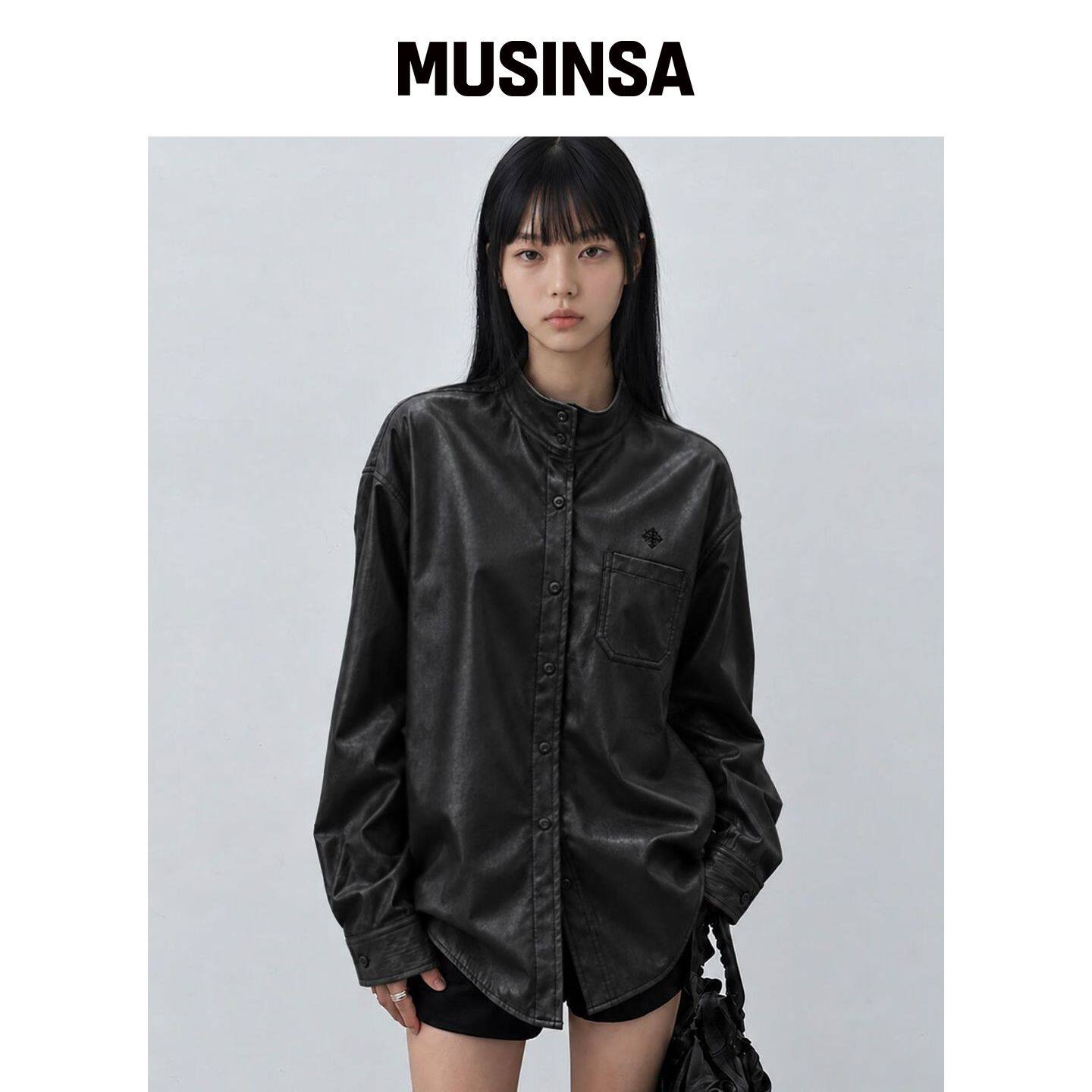 DAMISH 人造皮革高领衬衫夹克_黑色 MUSINSA韩国官网直邮进口