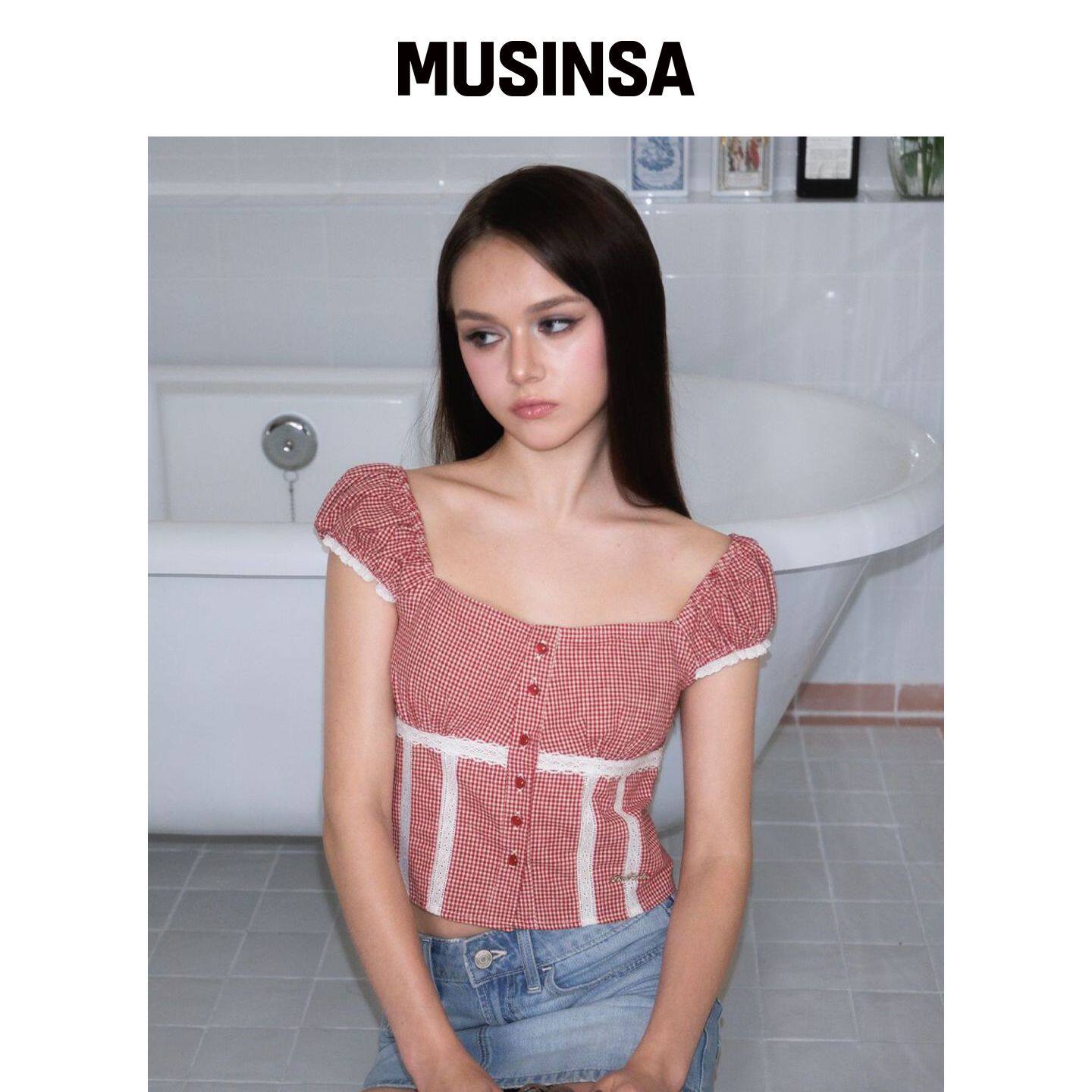 ROSEFRANTZ Check Shirring Crop Blouse [红色]韩国官网直邮进口
