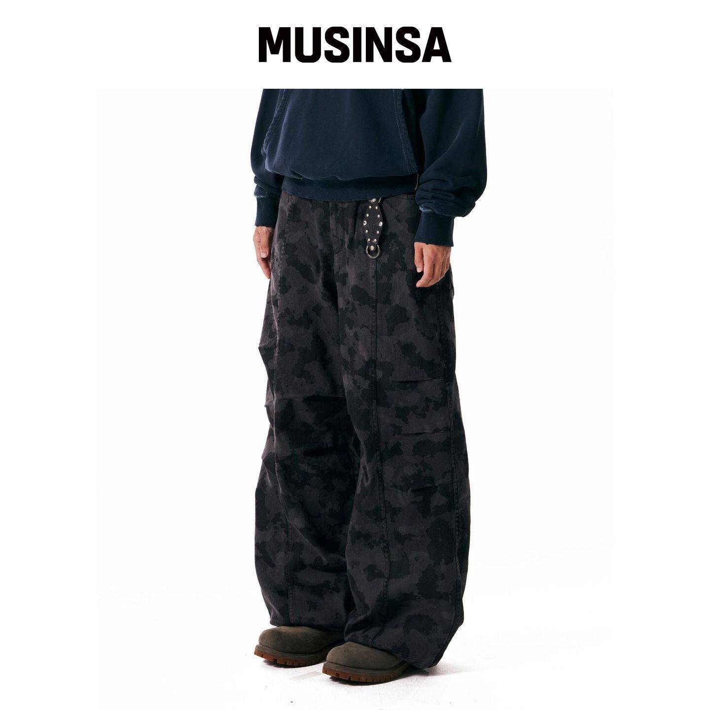 AAKAM 黑色膝部褶皱迷彩斜纹裤 MUSINSA韩国官网直邮进口