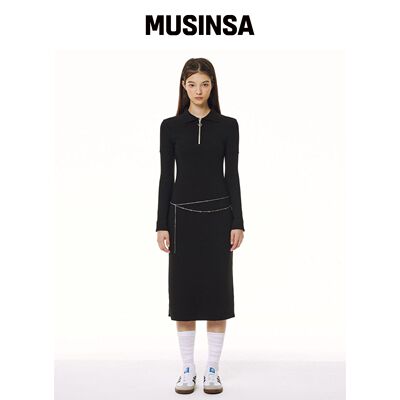 GOCORI HALF ZIP UP VLACK DRESS 黑色长款连衣韩国官网直邮进口