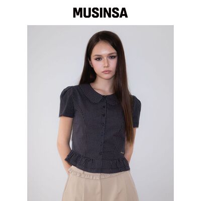ROSEFRANTZ 泡袖 peplum 格纹衬衫 [海军蓝]韩国官网直邮进口