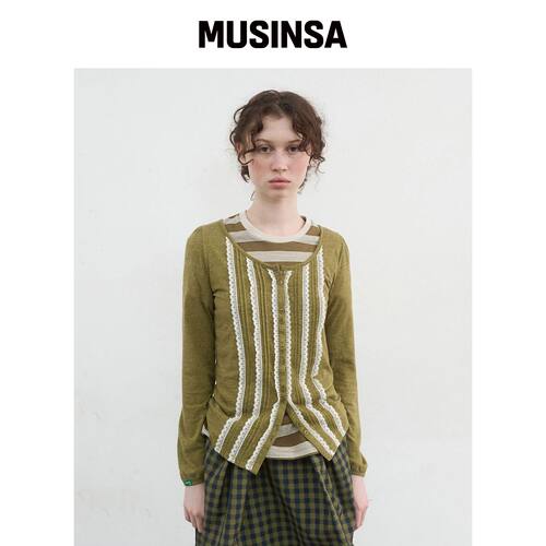 NOCONTENT 408. 钉褶蕾丝开衫_橄榄色 MUSINSA韩国官网直邮进口