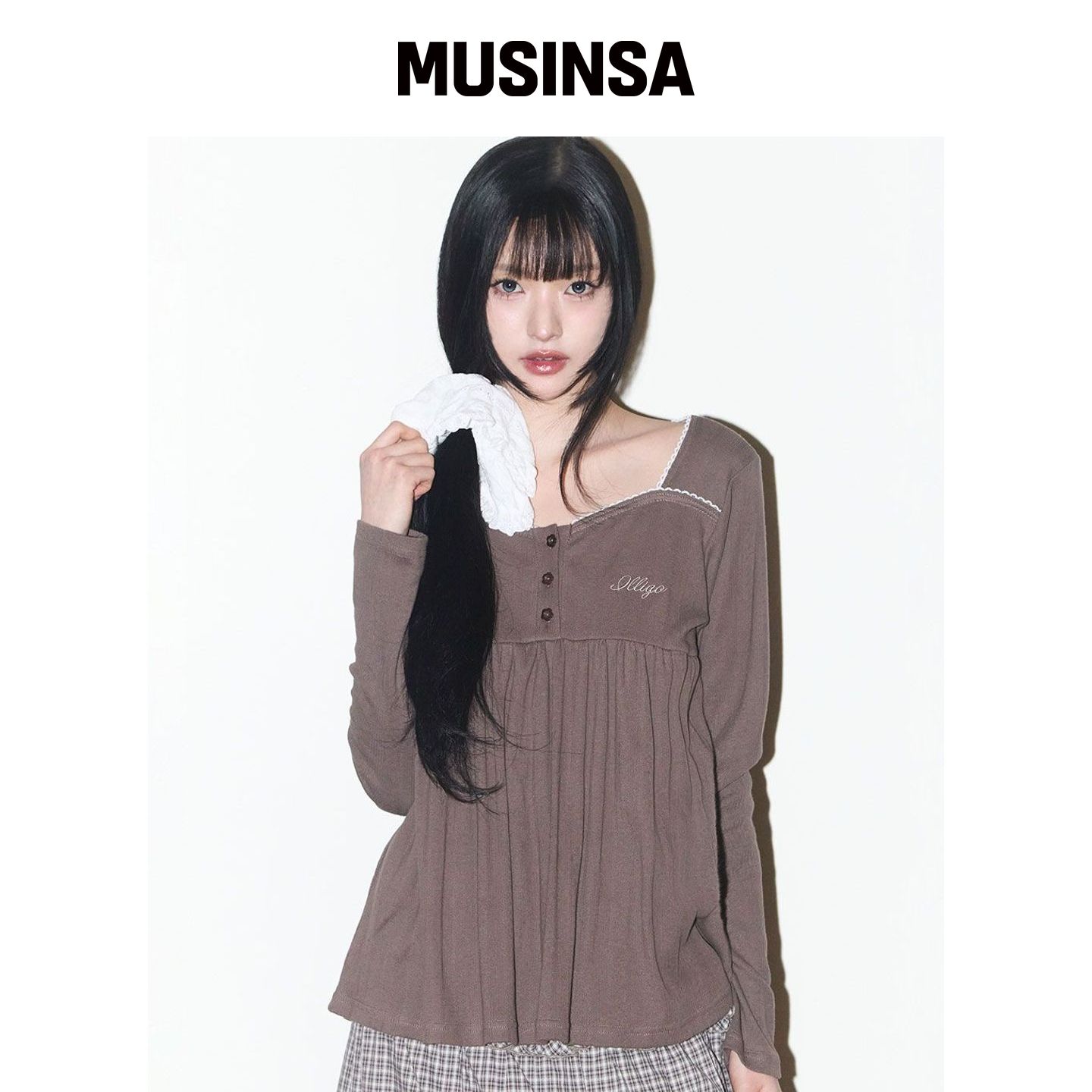 ILLIGO 褶皱长袖上衣 棕色 上衣女秋穿搭MUSINSA韩国官网直邮进口图片