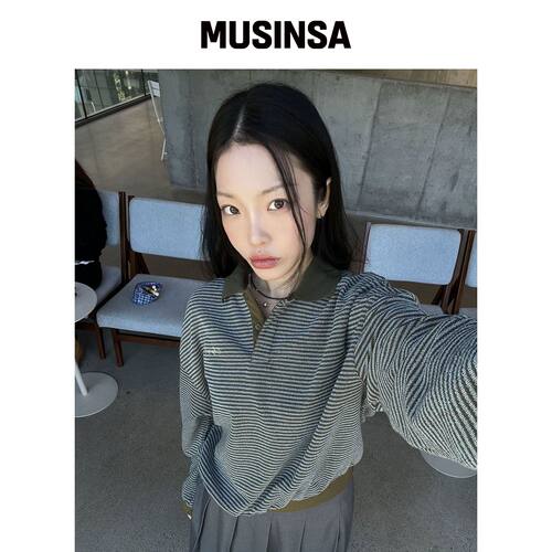 CGP (女款) 条纹翻领卫衣_橄榄色 MUSINSA韩国官网直邮进口
