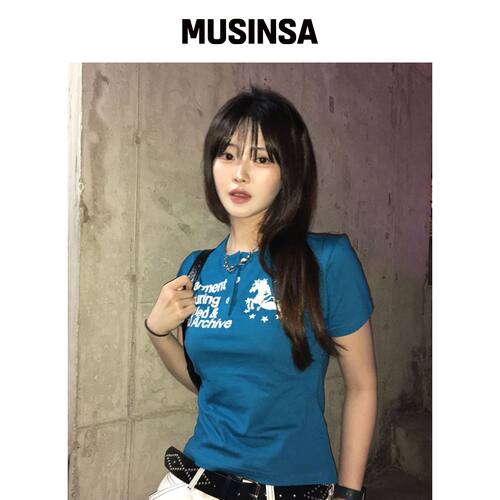 UNTITLED SEOUL 制服亨利领短款短袖蓝色上衣 MU韩国官网直邮进口