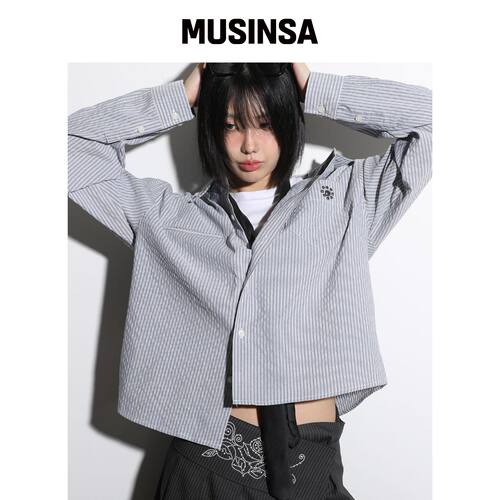 GLACK GS016 钉扣点短款长袖衬衫 (灰色) MUSINS韩国官网直邮进口