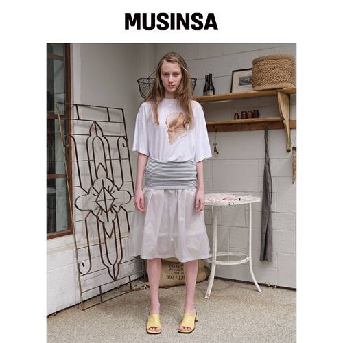 FUNFROMFUN 折叠腰中长裙，浅灰色 MUSINSA韩国直邮官方正品