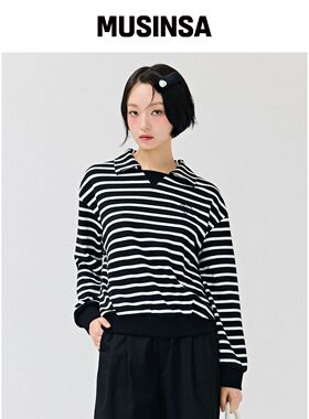 CHASECULT 女性条纹翻领卫衣-黑色韩国官网直邮进口