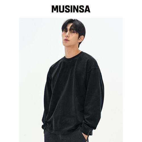 SOVERMENT 460G 重磅长袖 T恤 - 水洗黑色 MUSIN韩国官网直邮进口