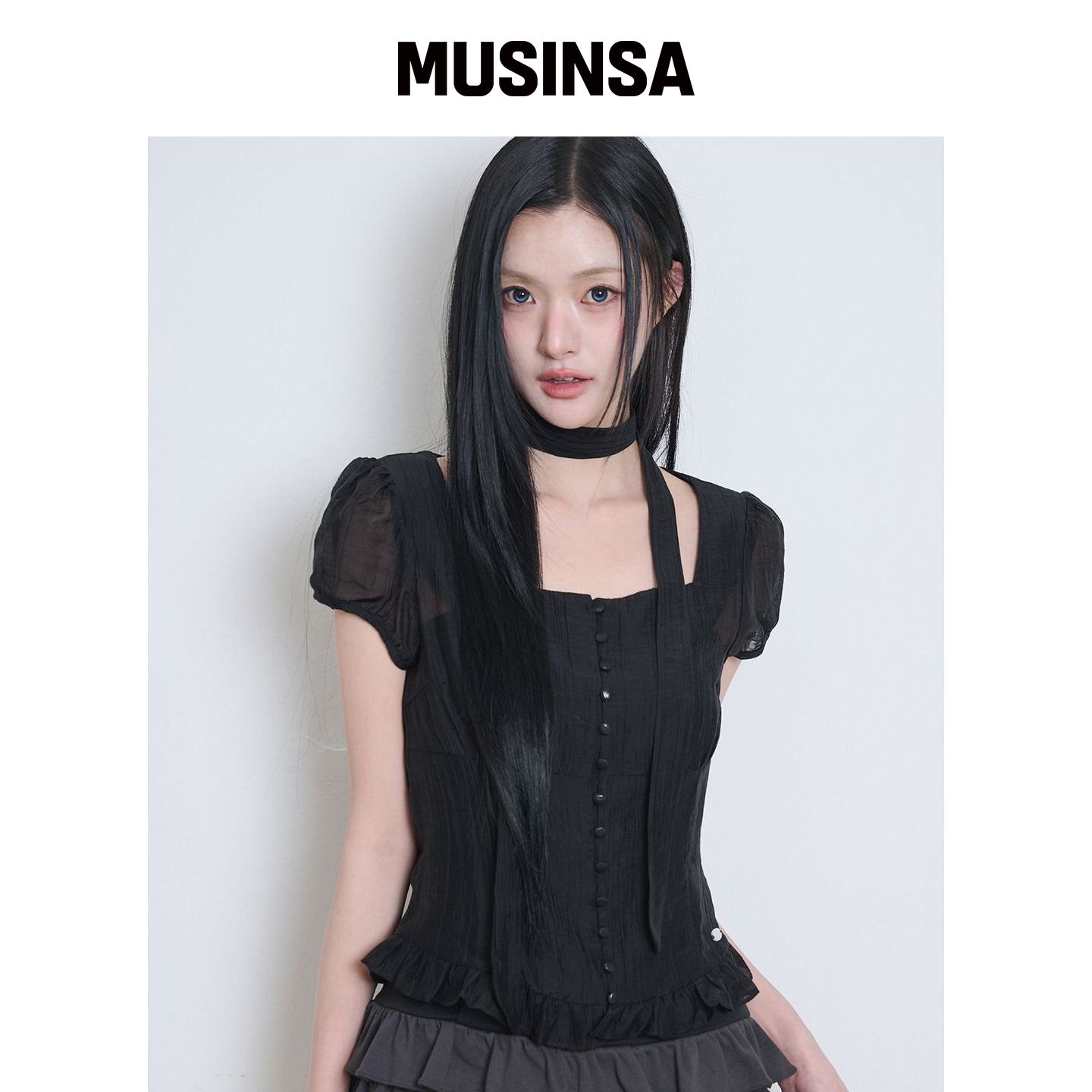 ILLIGO 领带装饰方形领口衬衫 黑色 MUSINSA韩国直邮官方正品图片