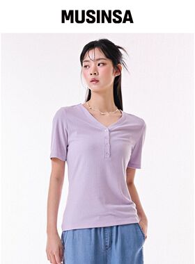 CHASECULT 女性V领罗纹短袖T恤-DBRG5874D0T韩国官网直邮进口