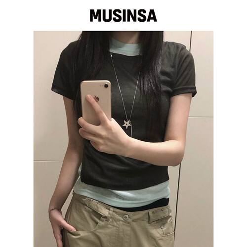 PLACE STUDIO 拼接假两件短袖不对称T恤MUSINSA韩国直邮官方正品