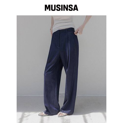 MEMUA 条纹单褶宽松slacks（牛仔蓝） MUSINSA韩国官网直邮进口