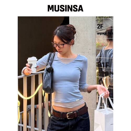 GLOWNY 3/4 层叠对比连帽卫衣（尘蓝色） MUSINS韩国官网直邮进口
