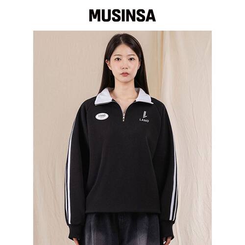 LLAMO 女性运动衫半拉链领宽松版型 [黑色] MUSI韩国官网直邮进口
