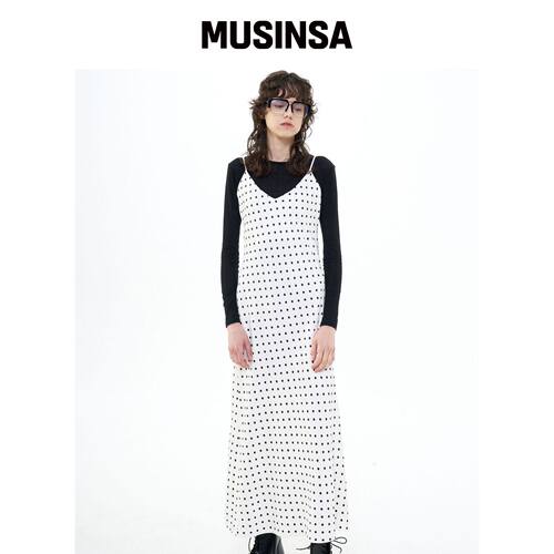 B QUIET MAXI SATIN SLIP DRESS DOT_IVORY BLAC韩国官网直邮进口