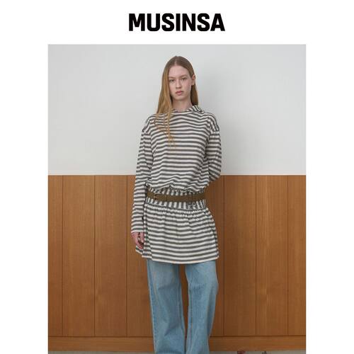 MA JOURNEE 条纹褶皱连帽裙_象牙色/灰色 MUSINS韩国官网直邮进口
