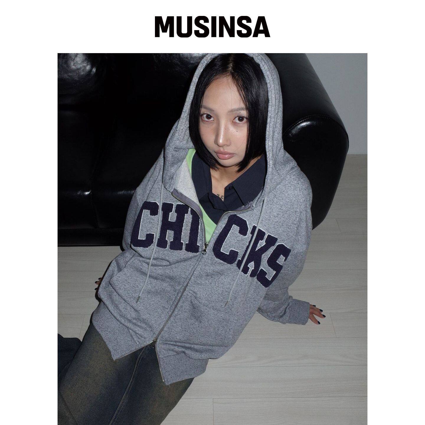 CHICKS NEFF 学院风连帽拉链衫 麻灰色 MUSINSA韩国官网直邮进口