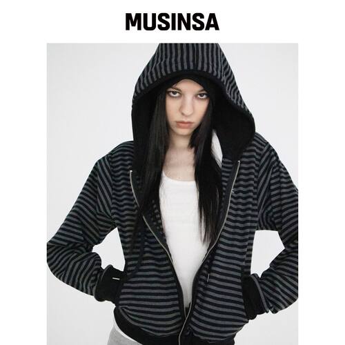 CHICKS 点缀条纹连帽拉链外套 黑色 MUSINSA韩国直邮官方正品