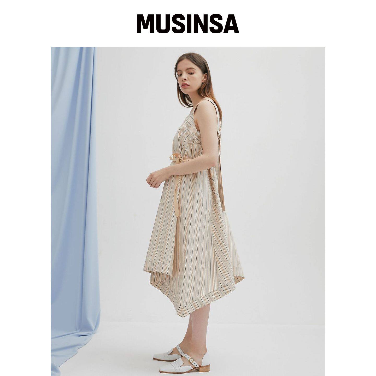 MODERNABLE 条纹不对称连衣裙 - 婴儿色 MUSINSA韩国官网直邮进口