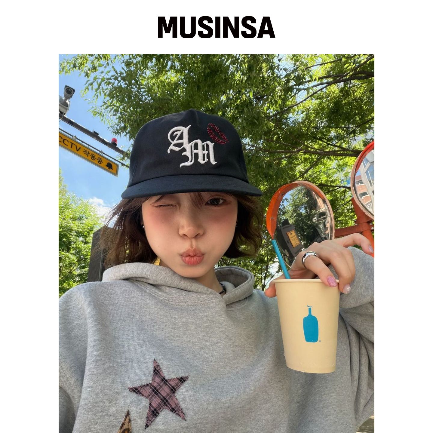 AMOU AM Kiss Mark 5PANEL 帽子 黑色 MUSINSA韩国官网直邮进口