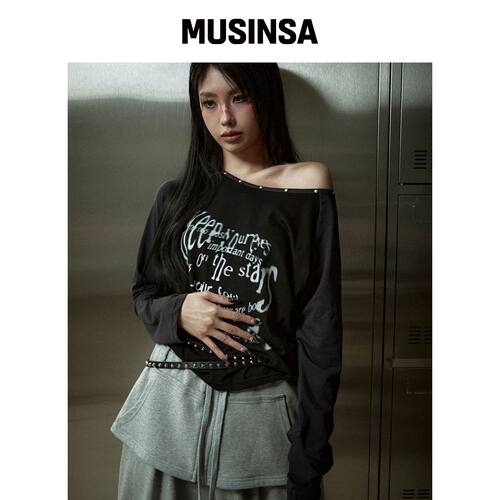 CHICKS 킵유 双色长袖单肩黑色上衣 MUSINSA韩国直邮官方正品