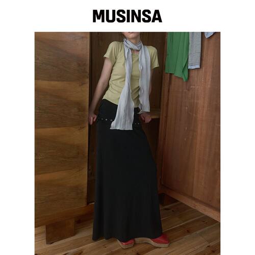 PISCESS 侧褶长裙_黑色 MUSINSA韩国官网直邮进口
