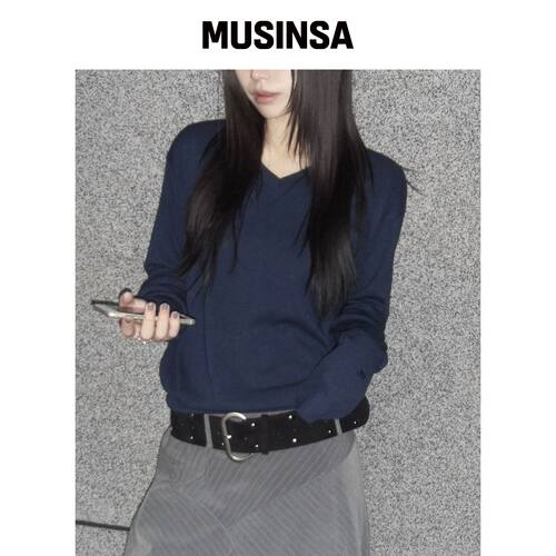 CHICKS 软垂V领扣袖长袖衫深蓝色 MUSINSA韩国直邮官方正品