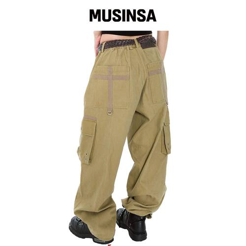 AAKAM 膝部褶皱贴带工装裤（米色） MUSINSA韩国官网直邮进口