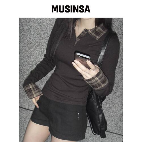 CHICKS 格纹修身翻领长袖衬衫棕色 MUSINSA韩国直邮官方正品
