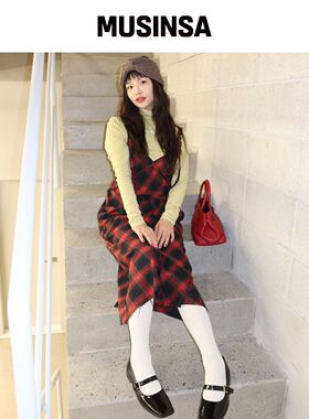 LALAFOX CHECK EYELET STRAP DRESS 红色连衣裙 韩国官网直邮进口