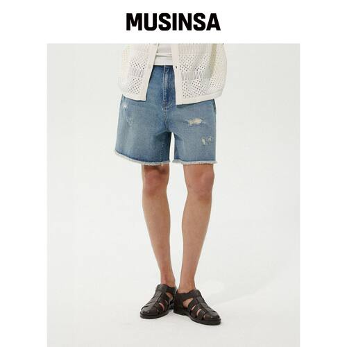 PLAC 破洞短裤牛仔裤 中蓝色 MUSINSA韩国直邮官方正品